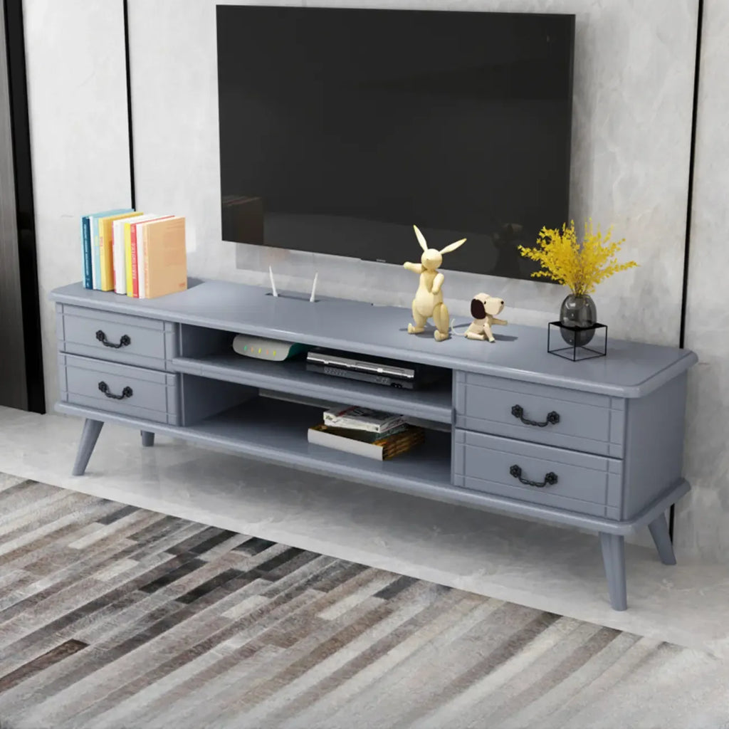 Meuble TV en bois brun et blanc avec gestion des câbles pour salon
