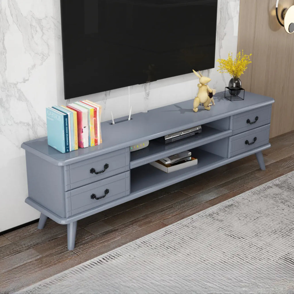 Meuble TV en bois brun et blanc avec gestion des câbles pour salon