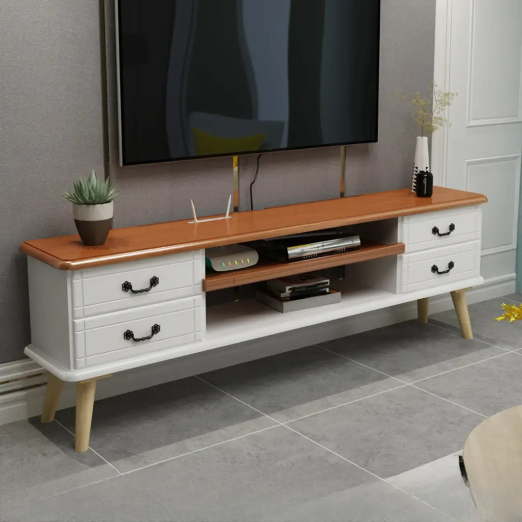 Meuble TV en bois brun et blanc avec gestion des câbles pour salon