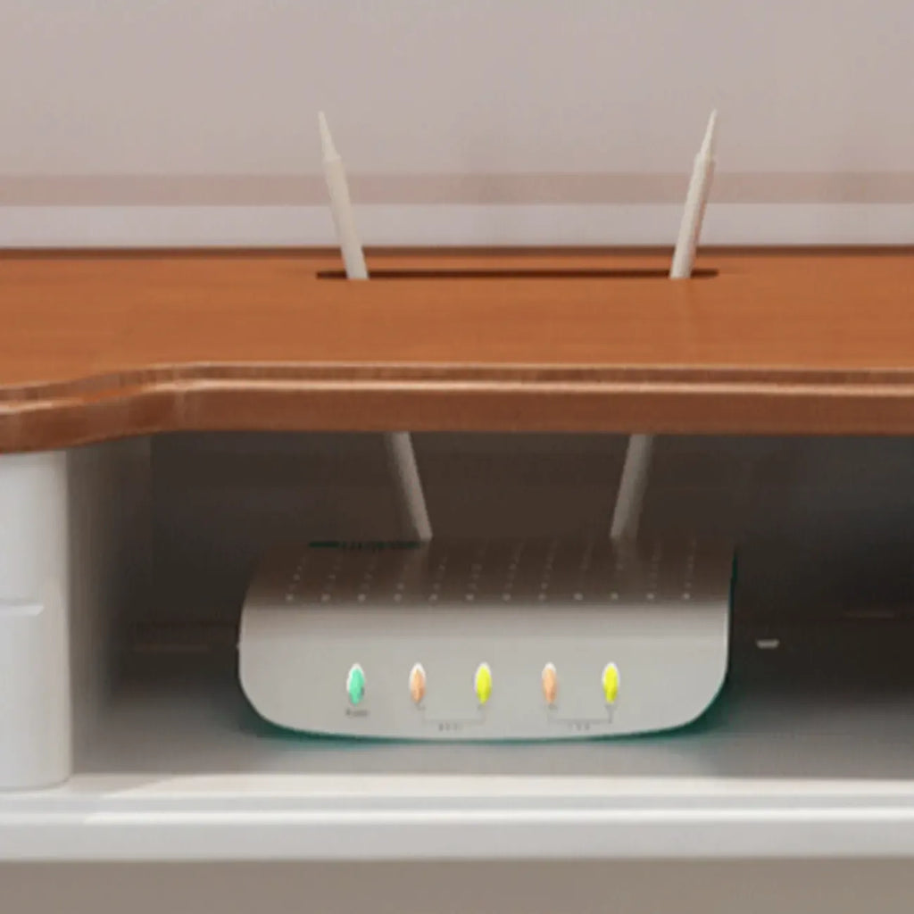 Meuble TV en bois brun et blanc avec gestion des câbles pour salon