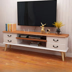 Meuble TV en bois brun et blanc avec gestion des câbles pour salon