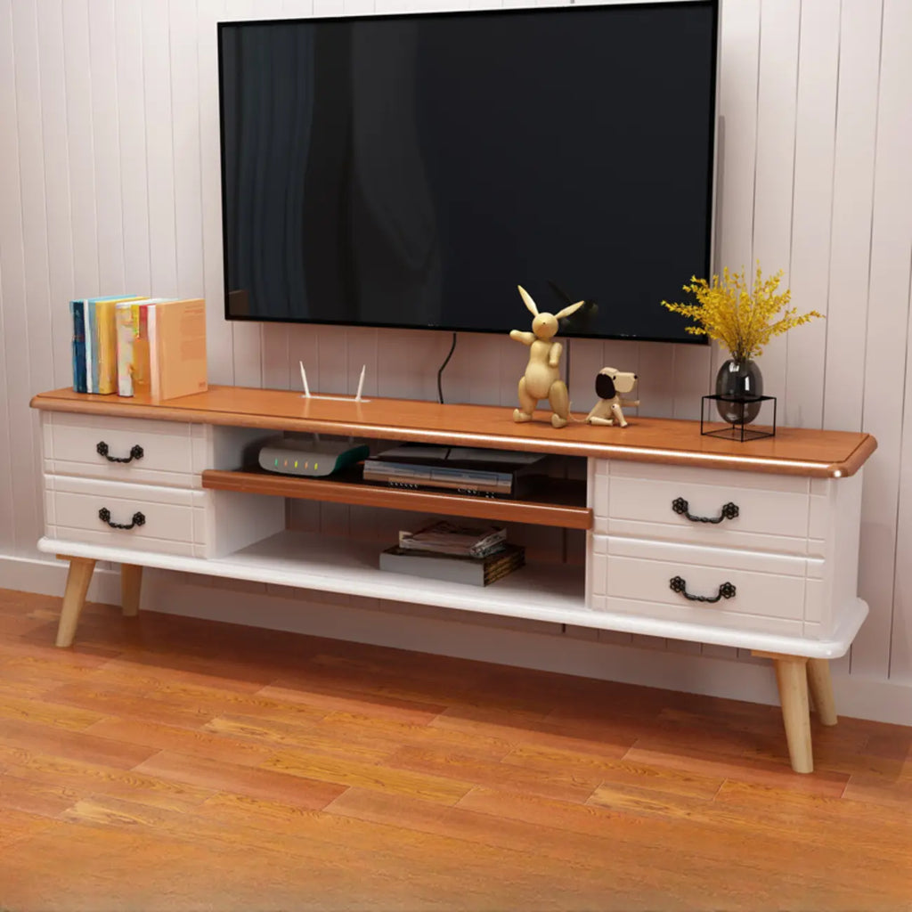 Meuble TV en bois brun et blanc avec gestion des câbles pour salon