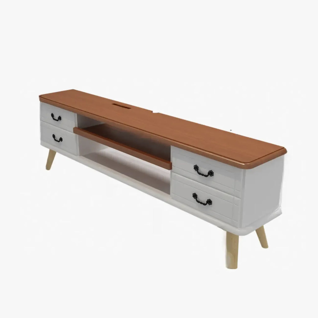 Meuble TV en bois brun et blanc avec gestion des câbles pour salon
