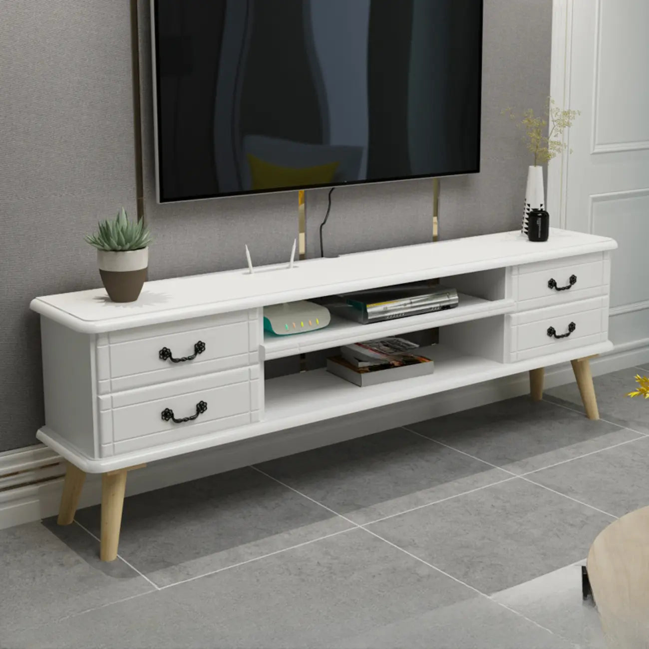 Meuble TV en bois brun et blanc avec gestion des câbles pour salon