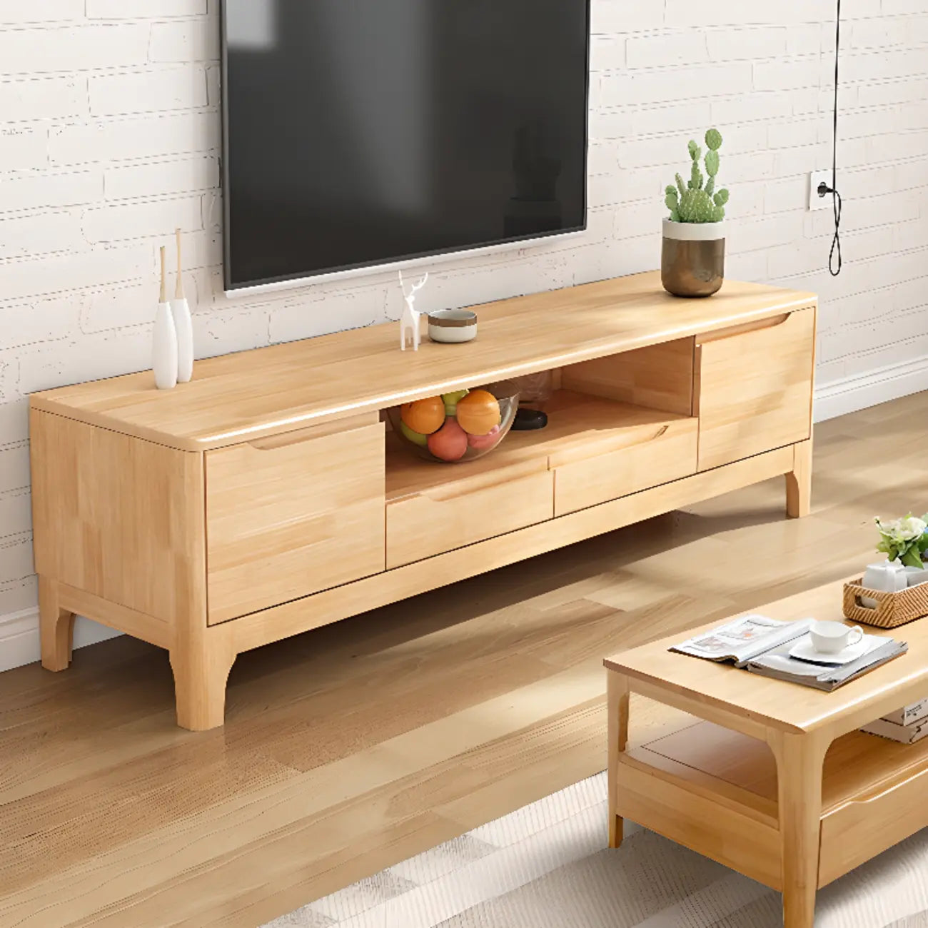 Meuble TV en bois naturel résistant avec gestion des câbles
