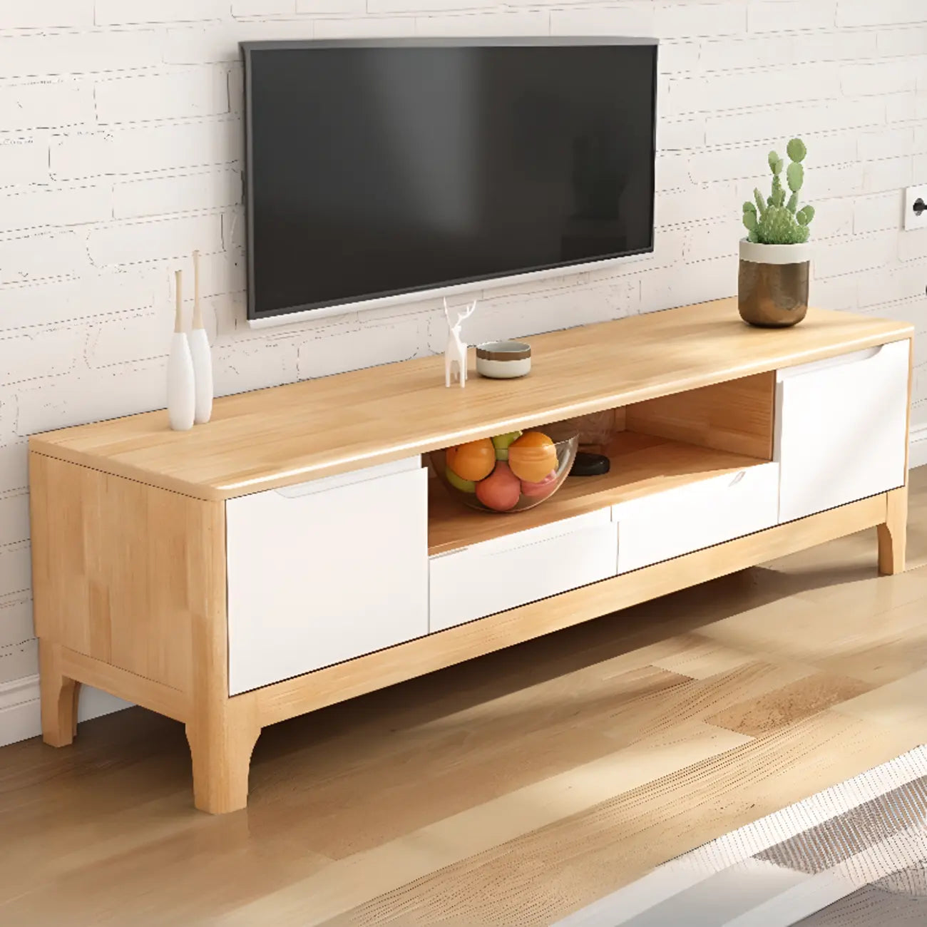 Meuble TV en bois naturel résistant avec gestion des câbles