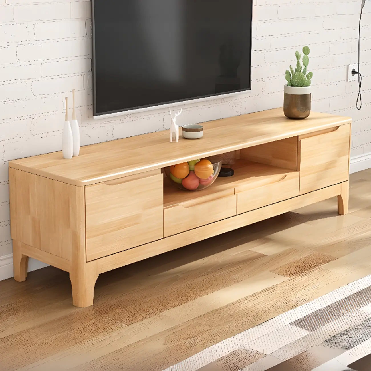 Meuble TV en bois naturel résistant avec gestion des câbles