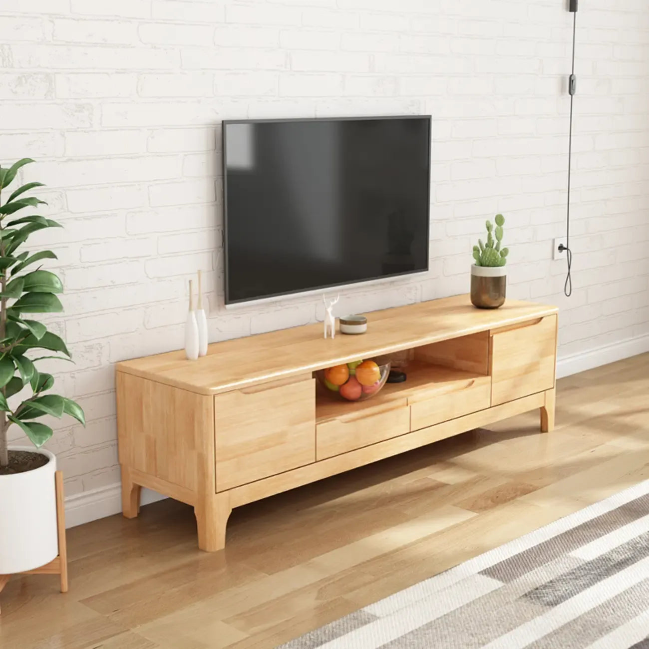 Meuble TV en bois naturel résistant avec gestion des câbles