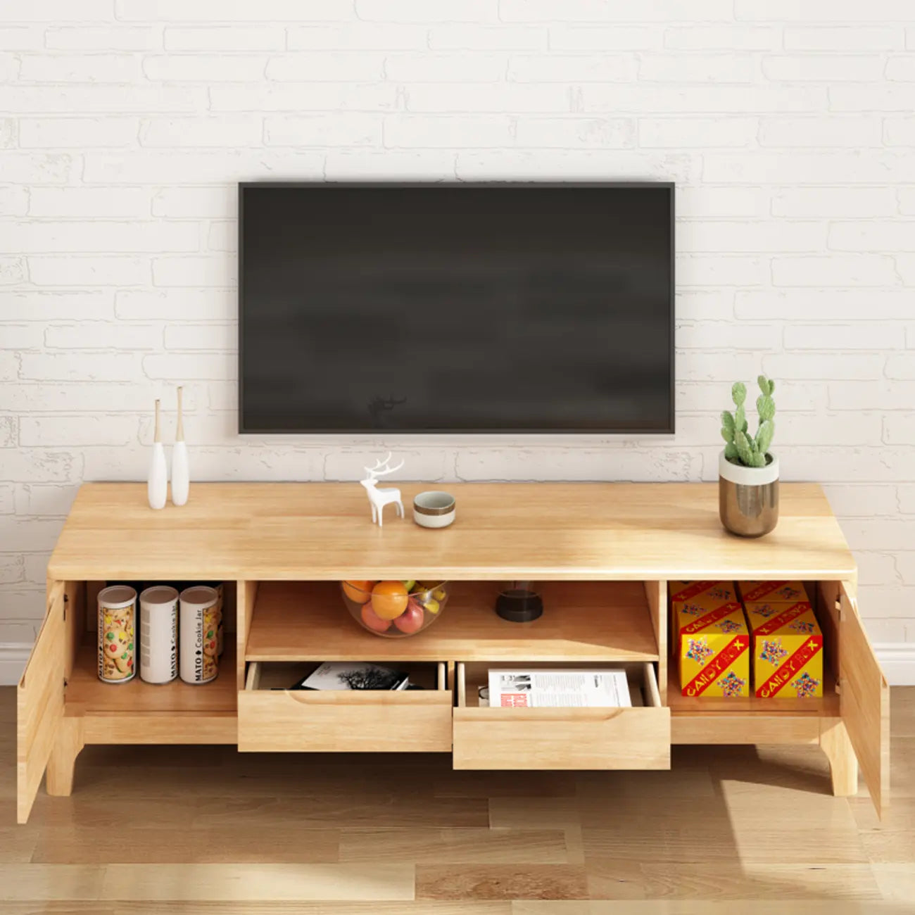 Meuble TV en bois naturel résistant avec gestion des câbles