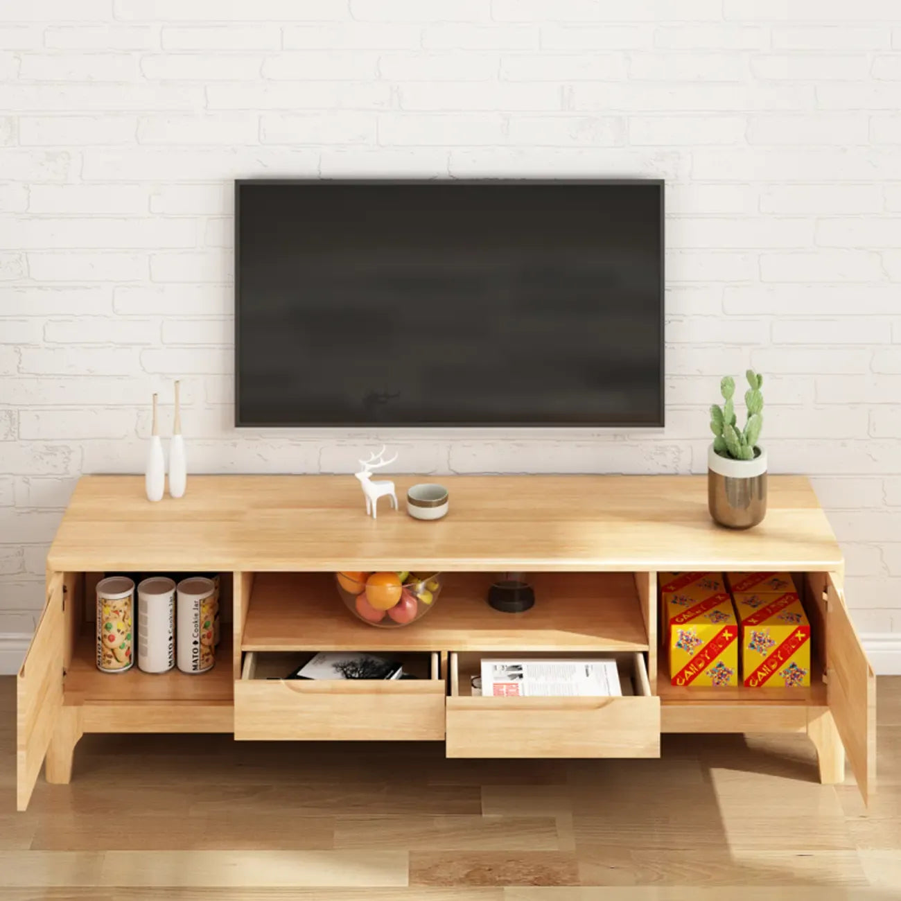 Meuble TV en bois naturel résistant avec gestion des câbles