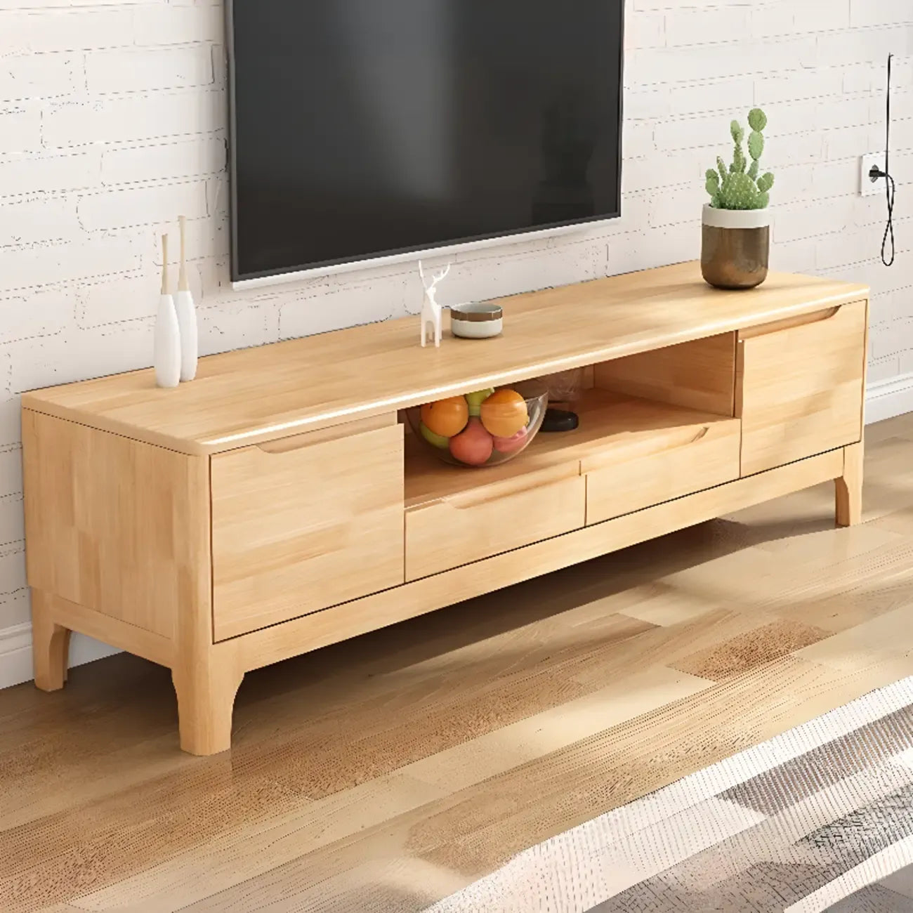 Meuble TV en bois naturel résistant avec gestion des câbles