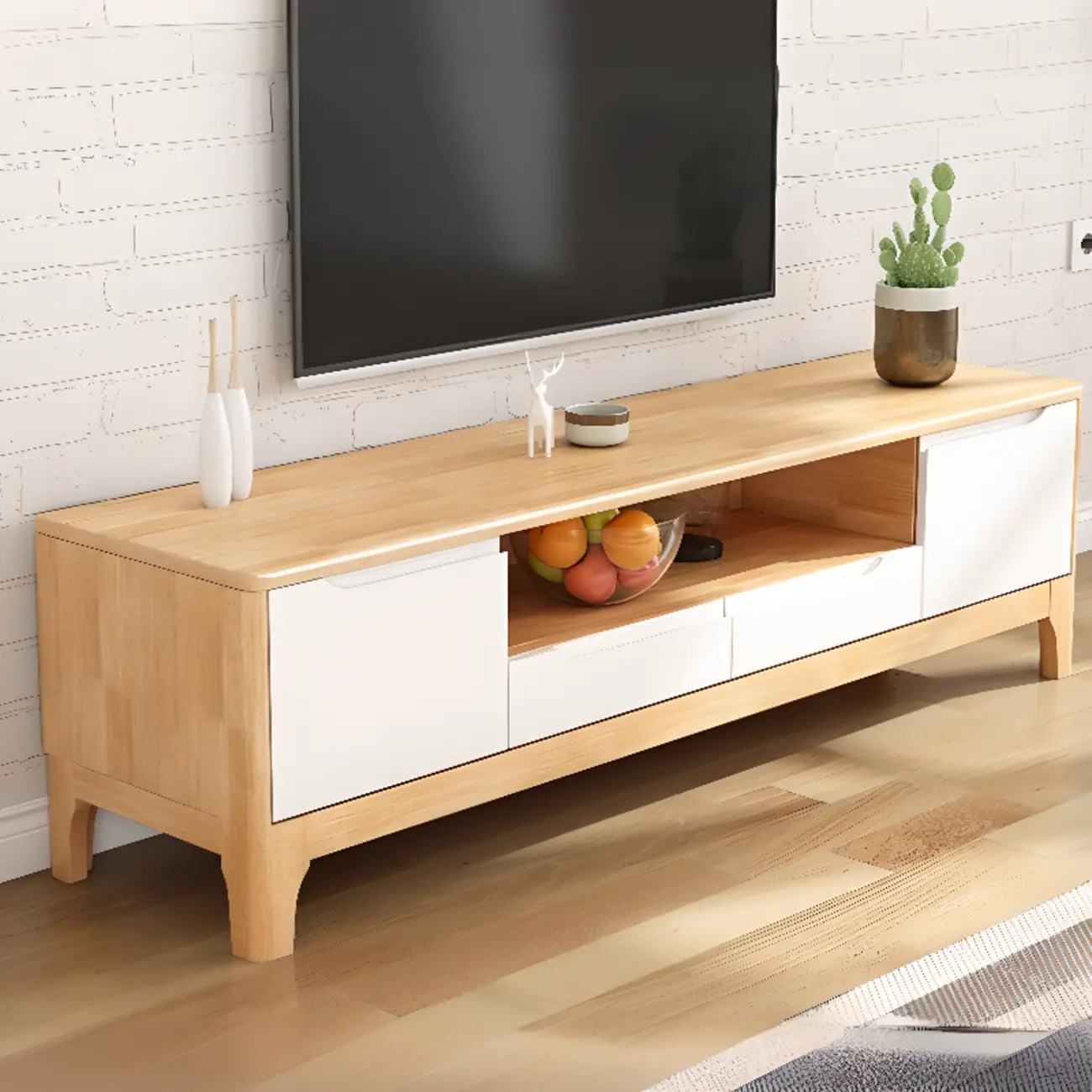 Meuble TV en bois naturel résistant avec gestion des câbles