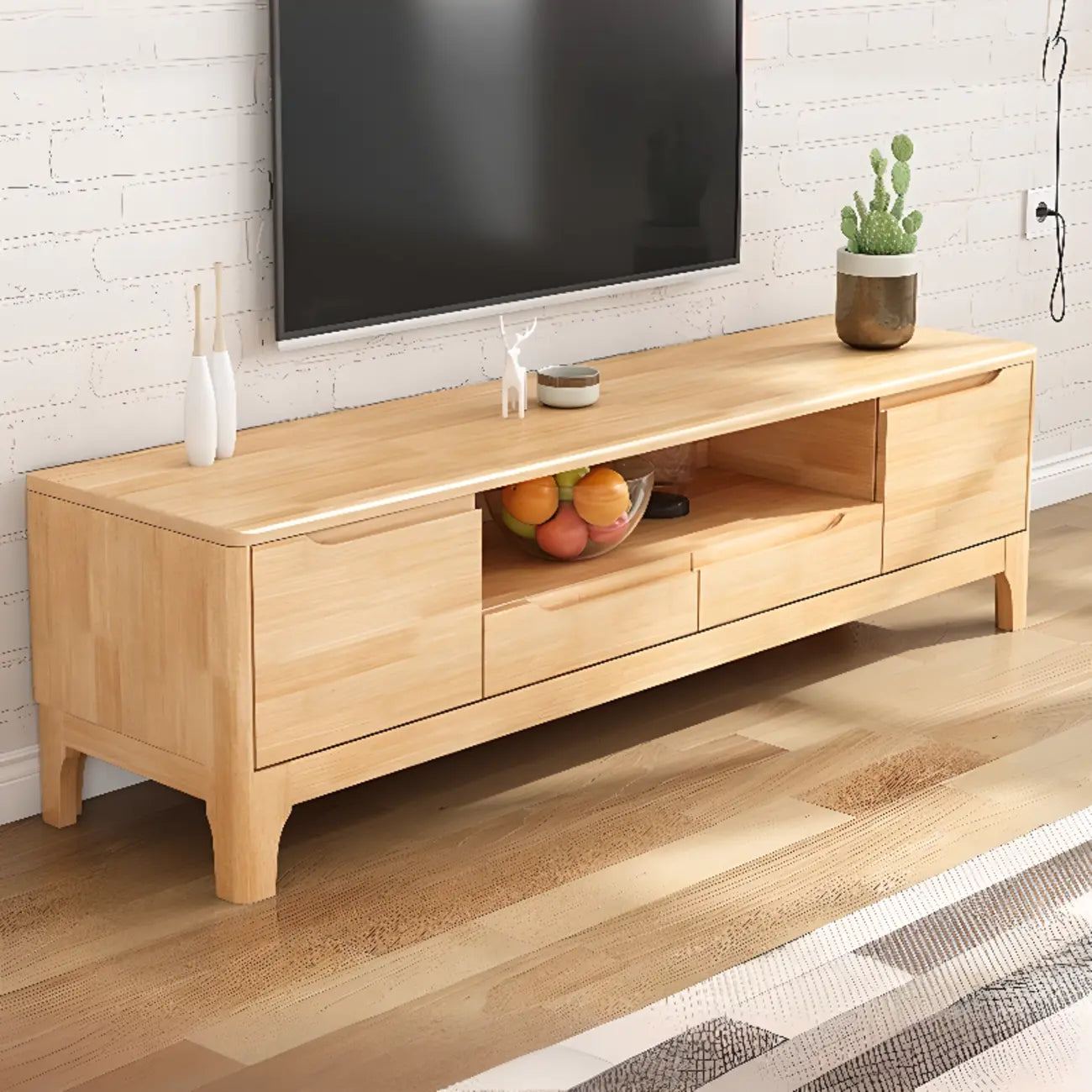 Meuble TV en bois naturel résistant avec gestion des câbles