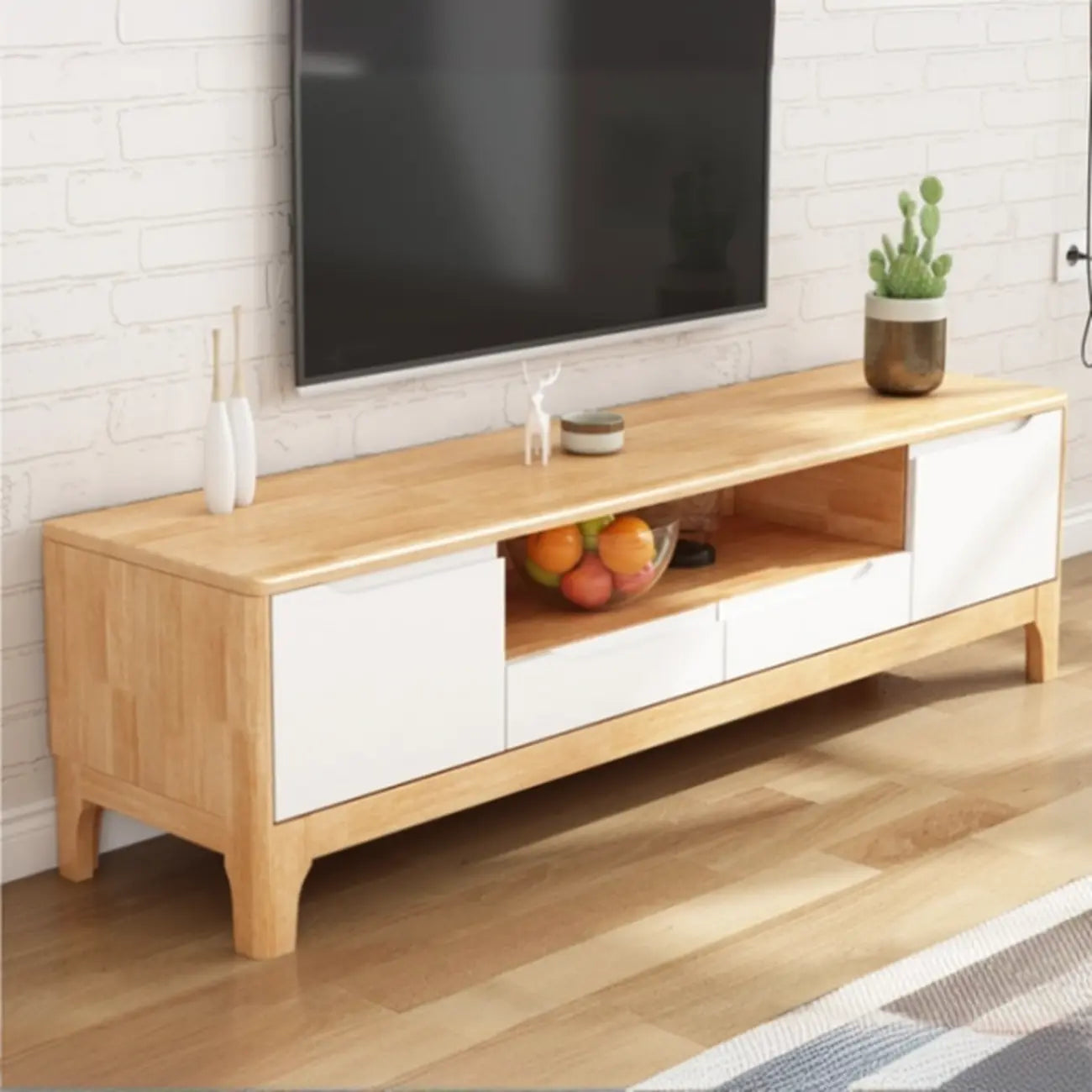 Meuble TV en bois naturel résistant avec gestion des câbles
