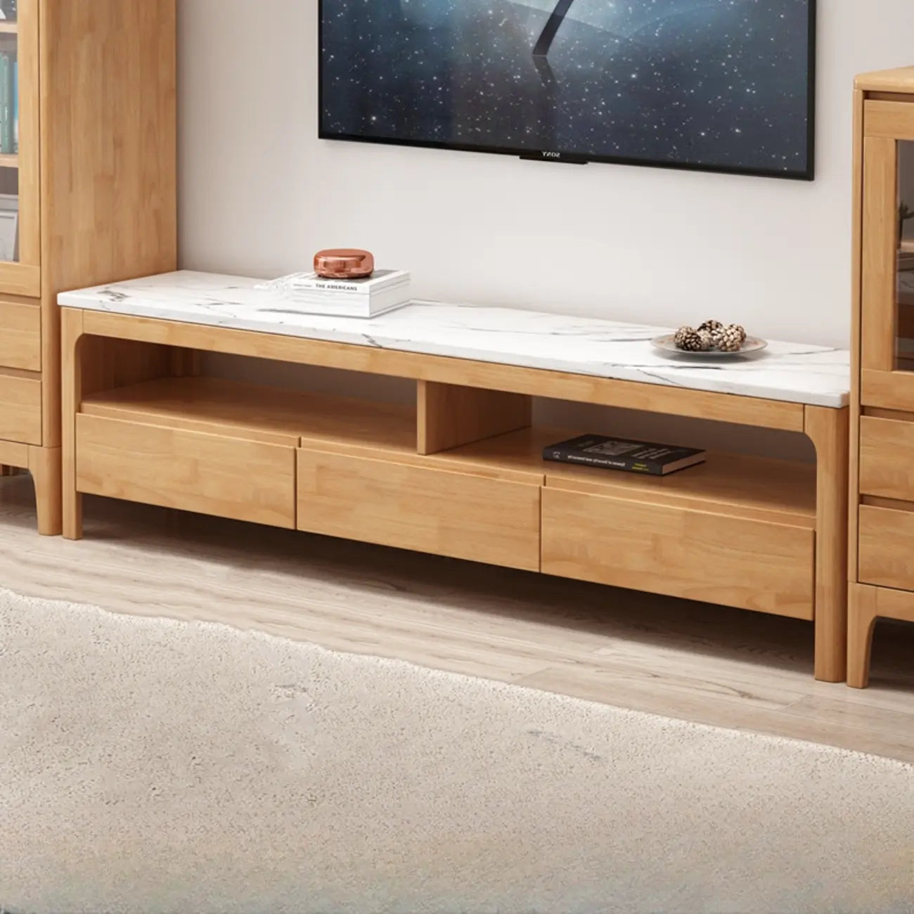 Meuble TV en bois naturel résistant avec gestion des câbles