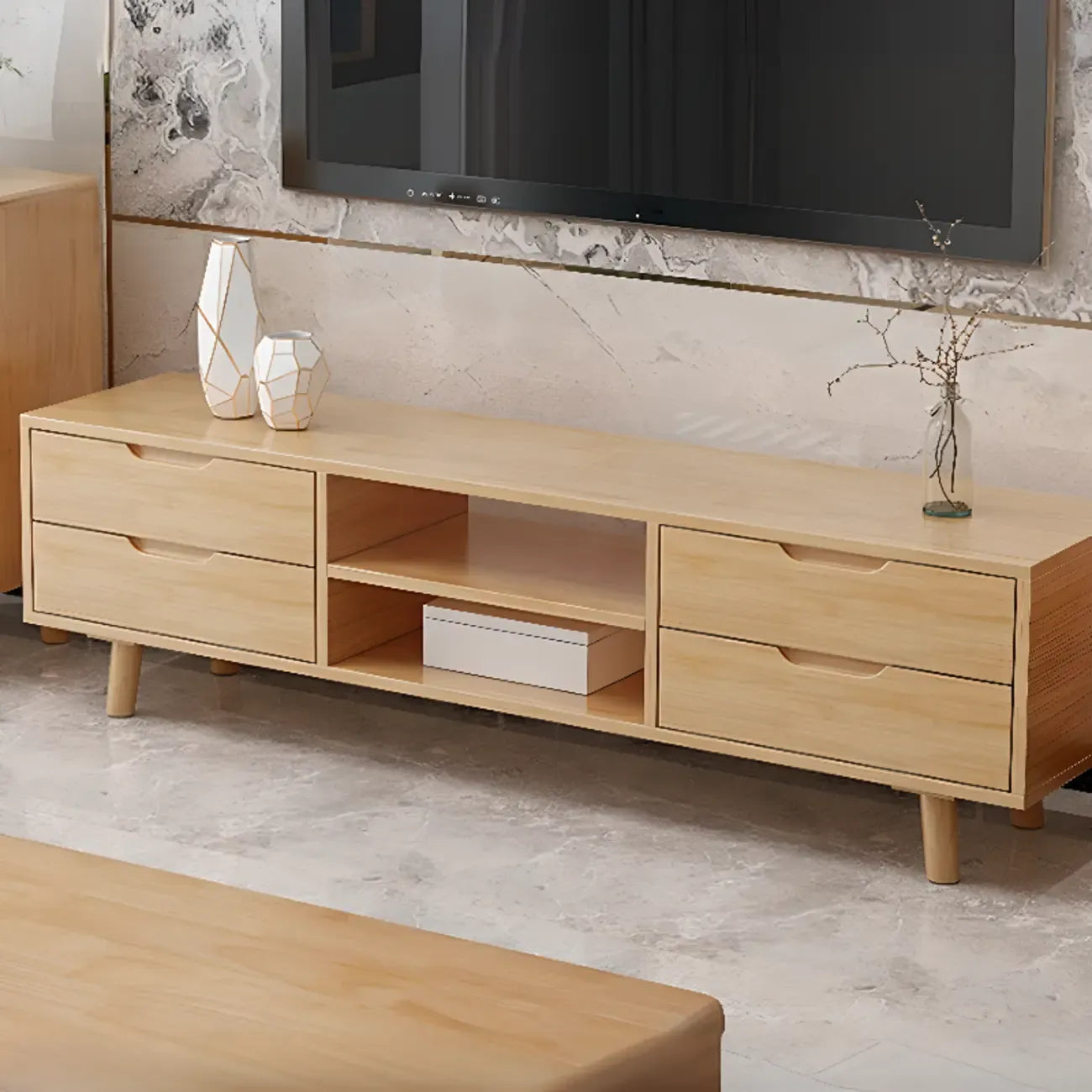 Meuble TV en bois naturel résistant avec gestion des câbles