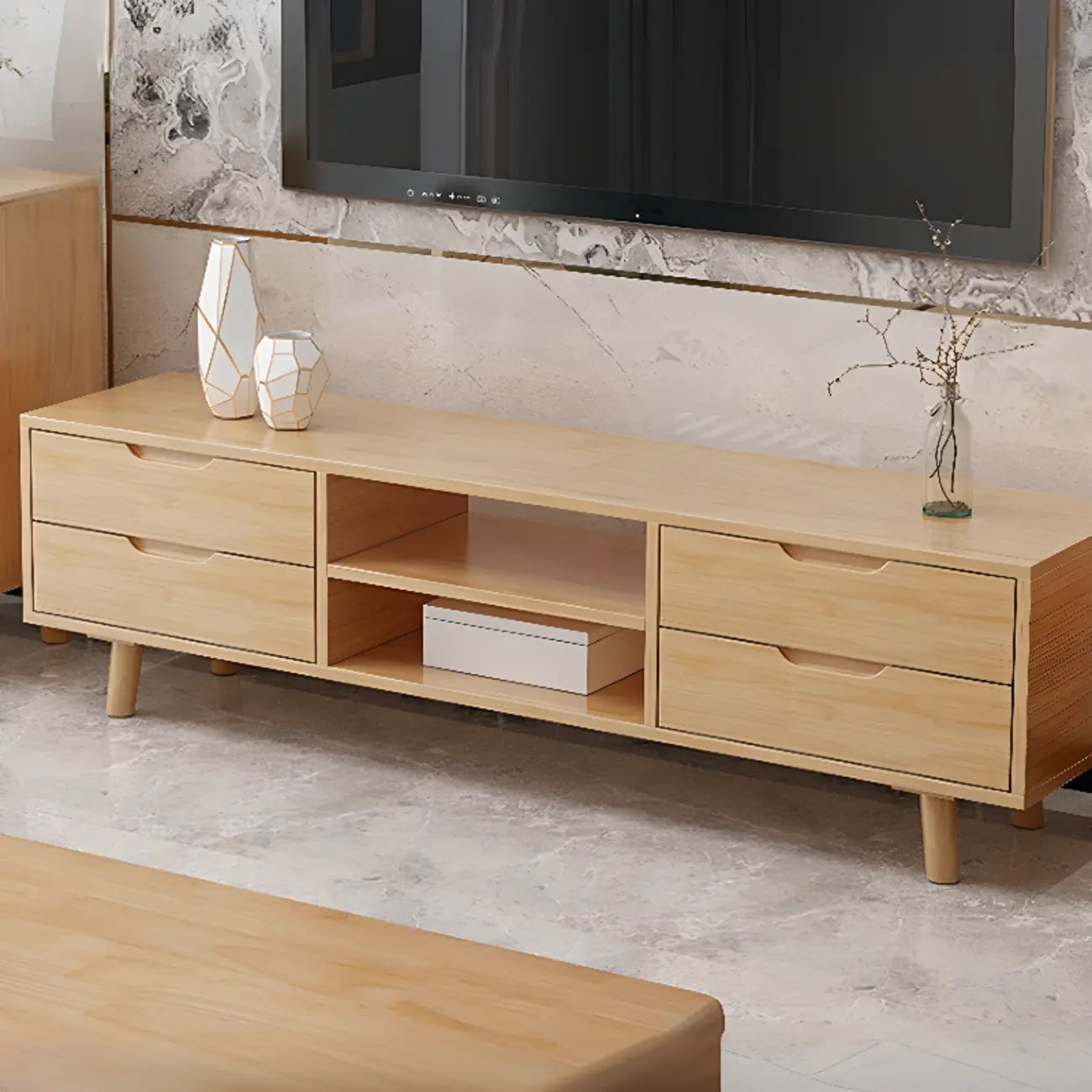 Meuble TV en bois naturel résistant avec gestion des câbles
