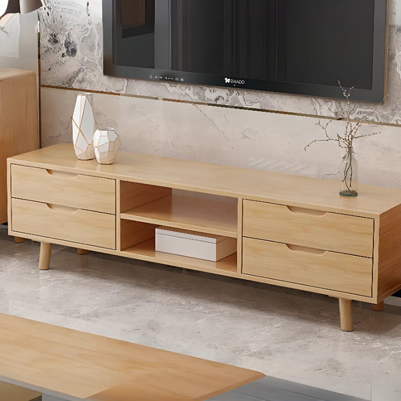 Meuble TV en bois naturel résistant avec gestion des câbles