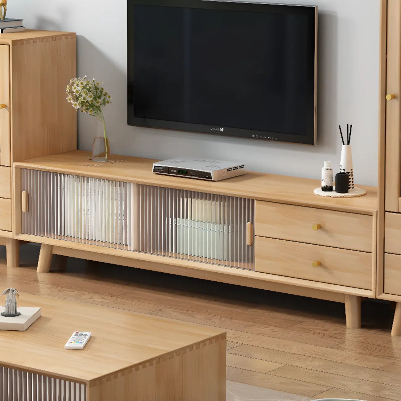 Meuble TV en bois naturel résistant avec gestion des câbles