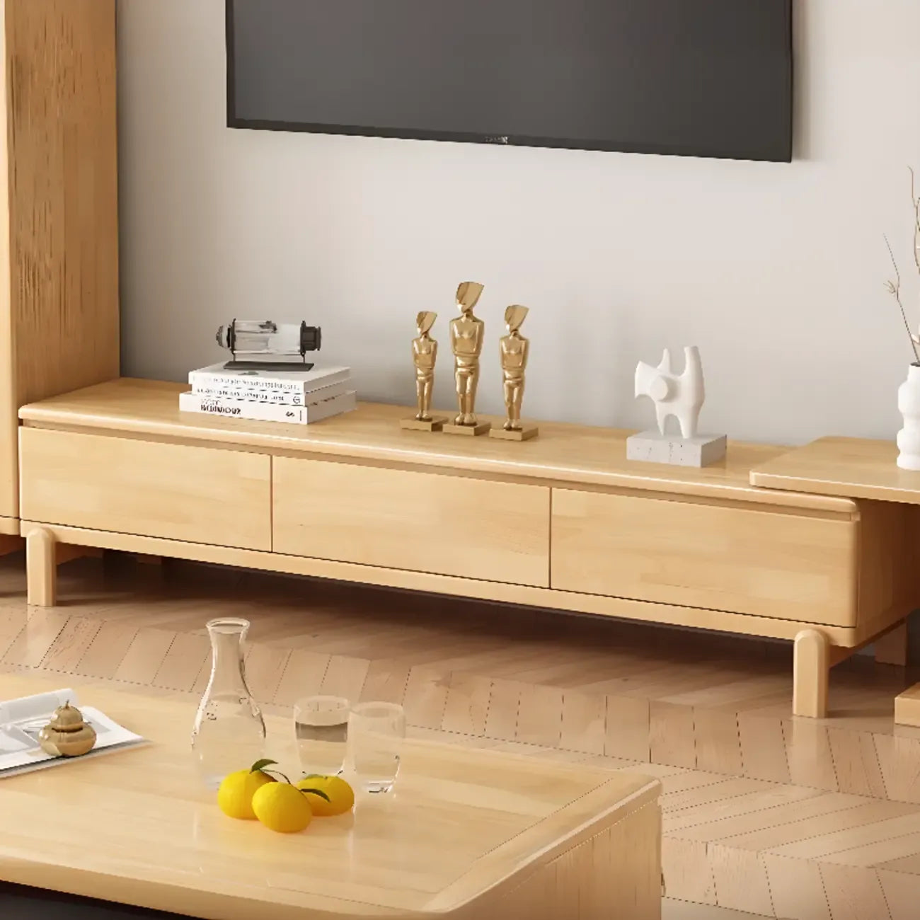 Meuble TV en bois naturel résistant avec gestion des câbles