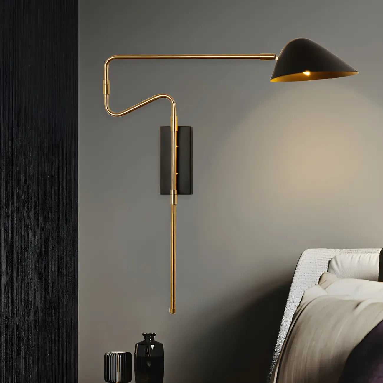 Applique murale à bras articulé en métal noir pour chambre à coucher