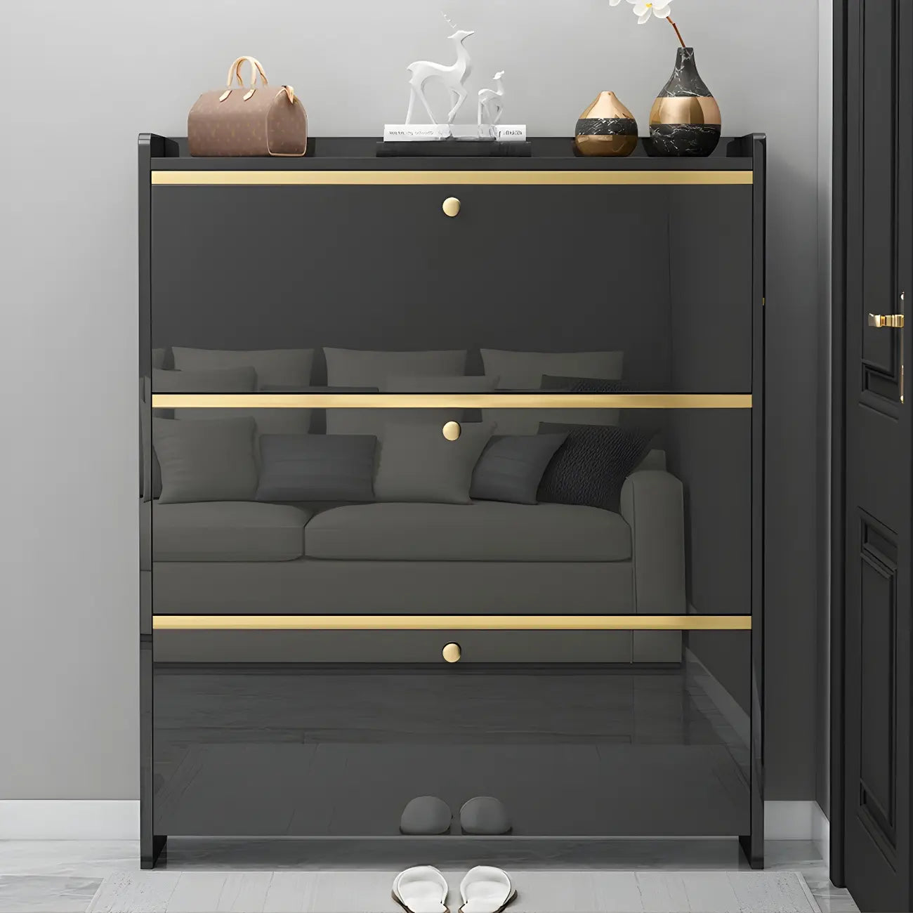Meuble de rangement à chaussures noir glamour pour entrée avec étagères réglables