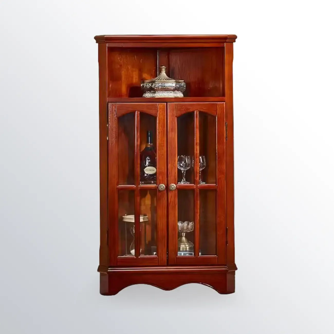 Meuble d'angle de rangement classique avec portes vitrées et étagère