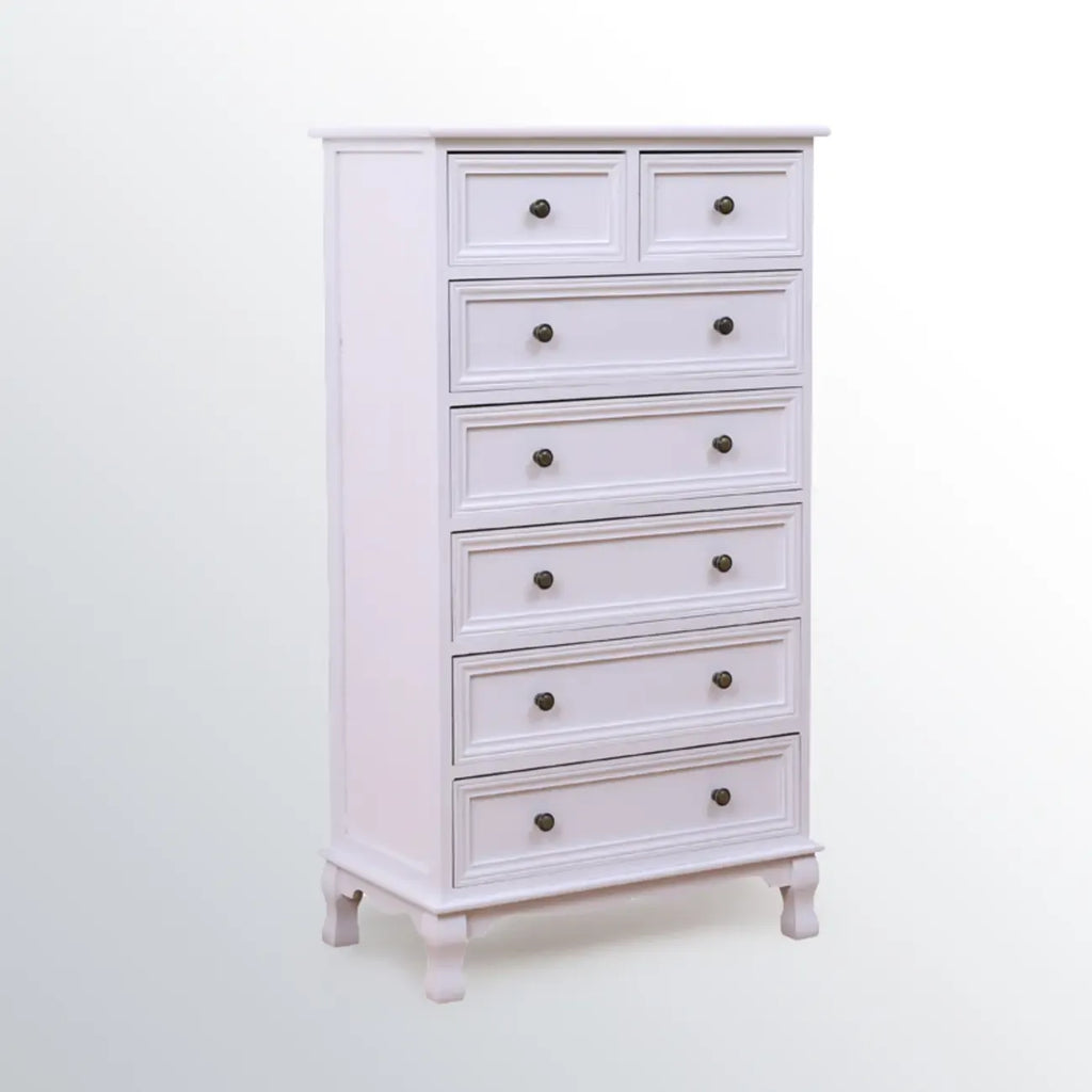 Meuble d'appoint rustique en bois blanc avec plusieurs tiroirs