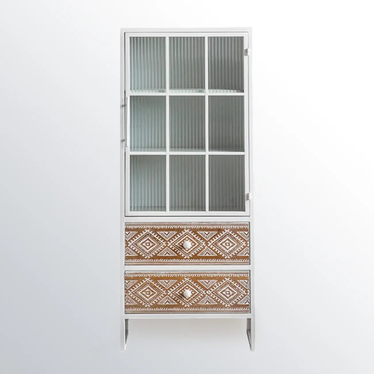 Meuble d'appoint bohème blanc avec porte et tiroirs en verre