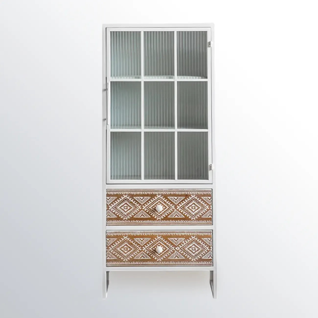 Meuble d'appoint bohème blanc avec porte et tiroirs en verre