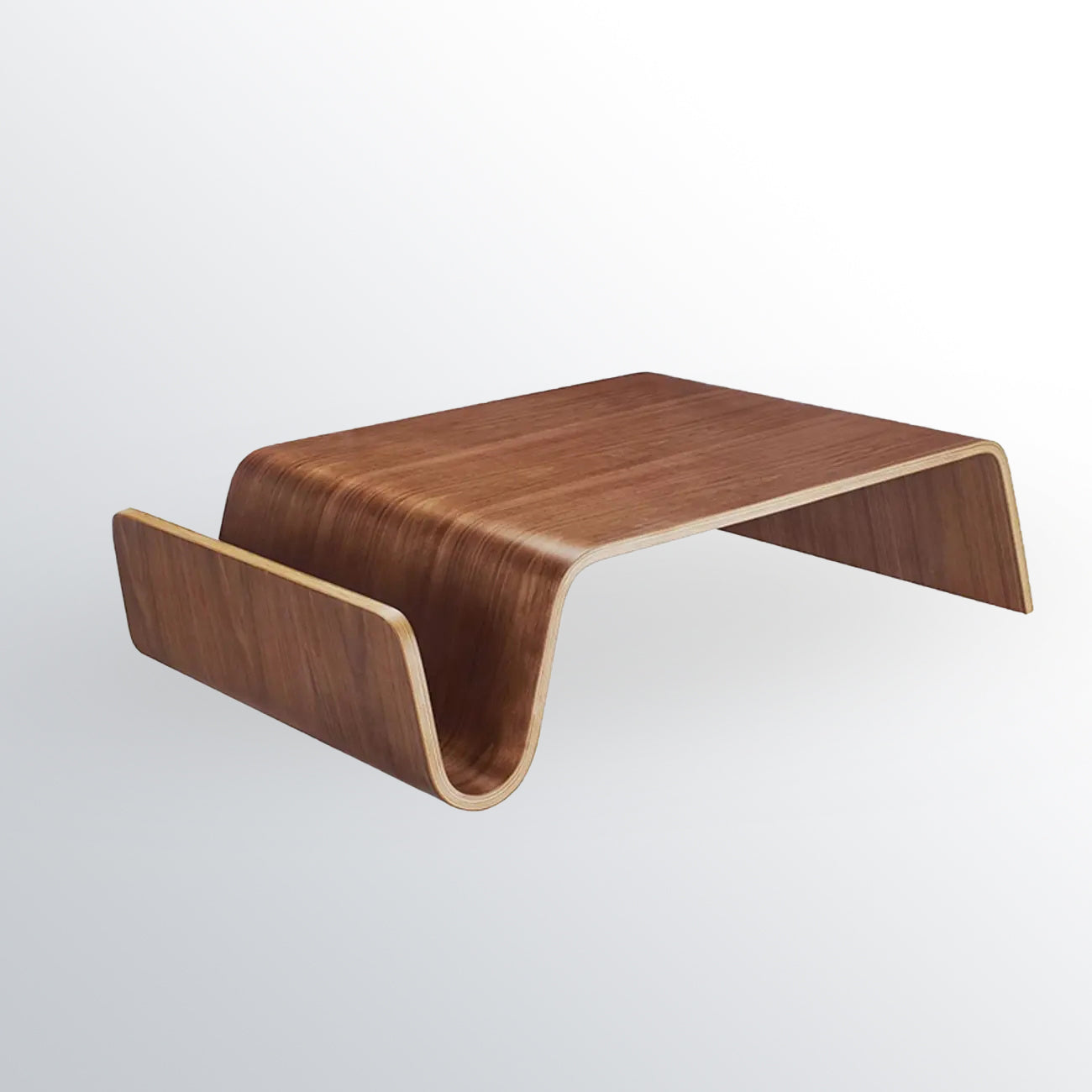 Table basse moderne incurvée en bois brun avec double piétement