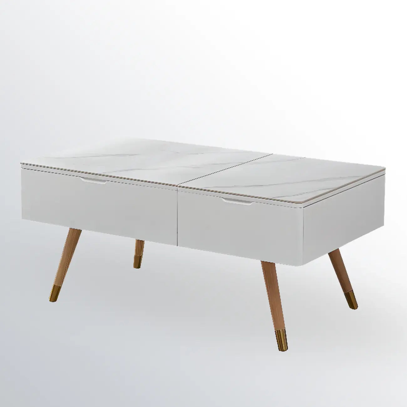 Tavolino da caffè moderno a 4 gambe in legno bianco con piano sollevabile e vano portaoggetti