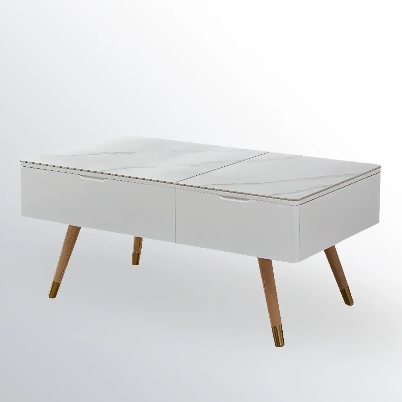Tavolino da caffè moderno a 4 gambe in legno bianco con piano sollevabile e vano portaoggetti