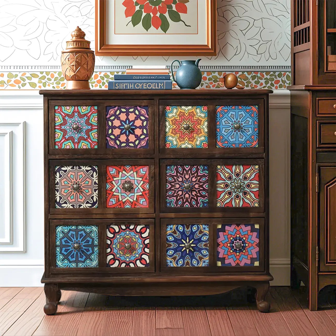 Armoire de rangement en bois brun de style campagnard français avec tiroirs