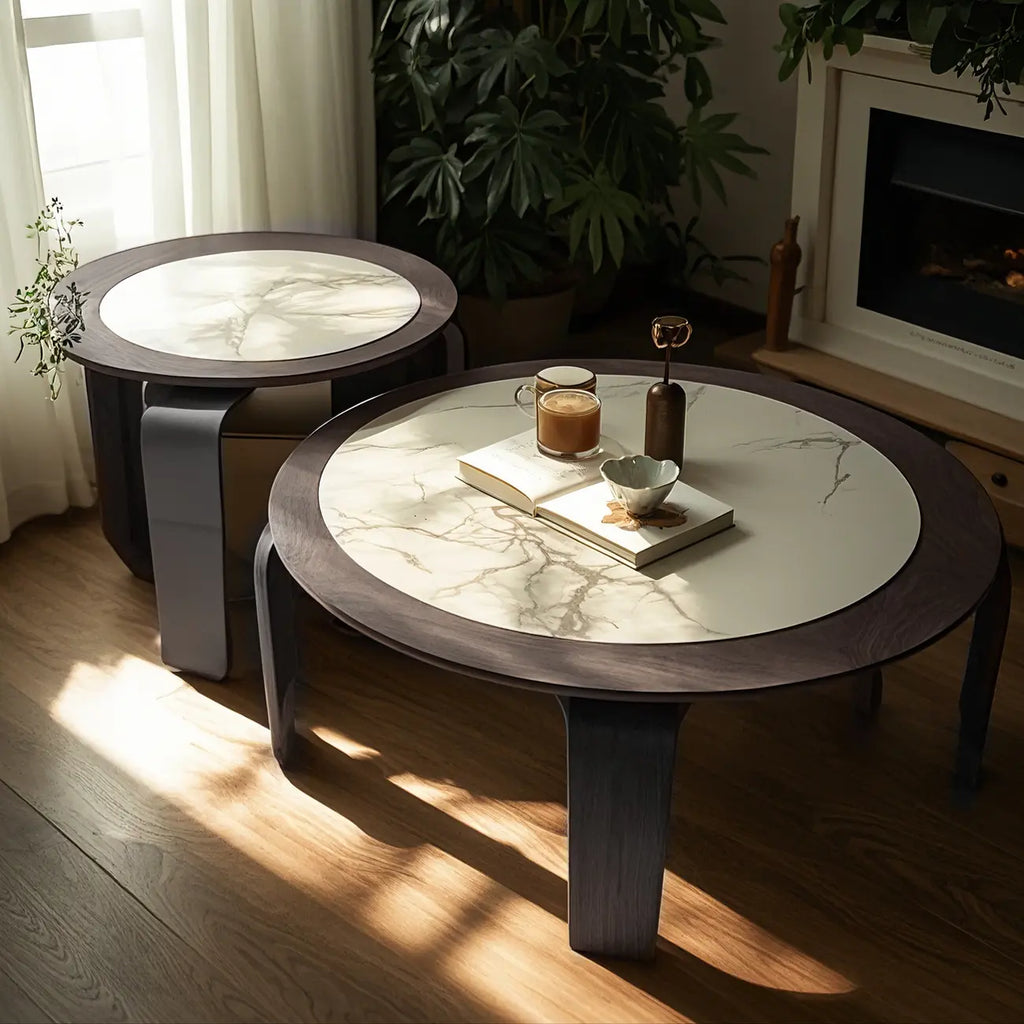 Ensemble de 2 tables basses gigognes rondes en marbre avec base en bois