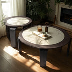 Ensemble de 2 tables basses gigognes rondes en marbre avec base en bois