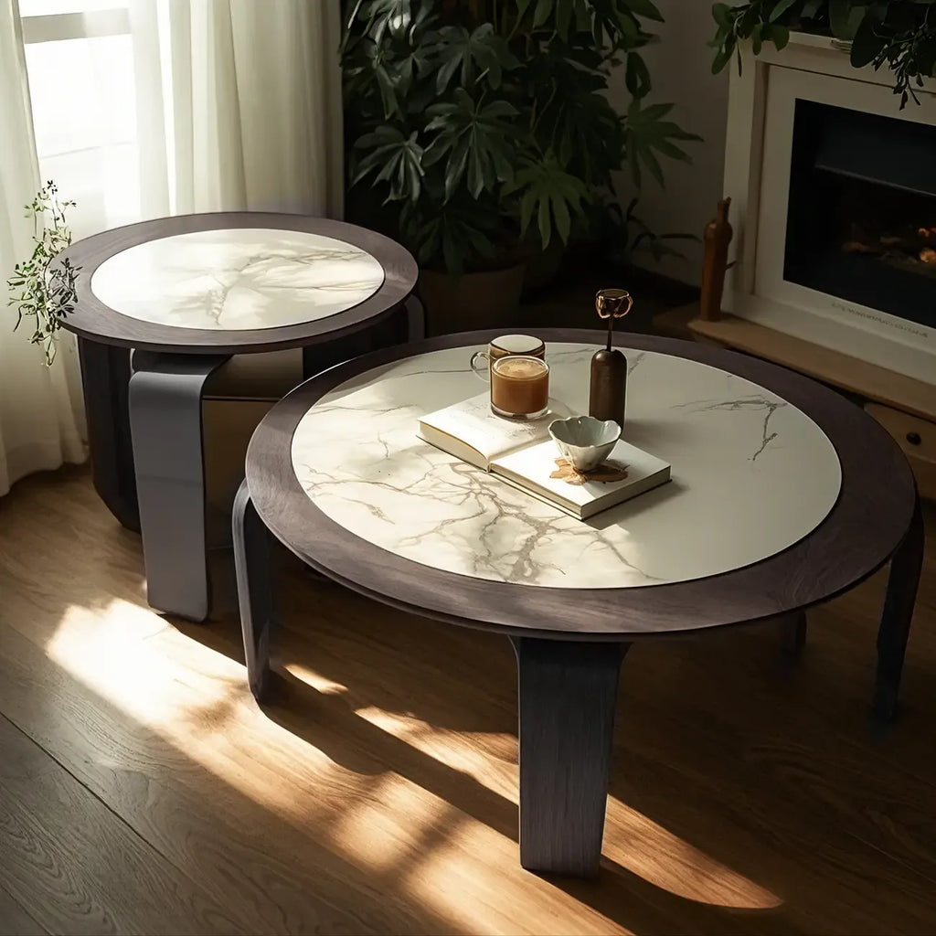 Ensemble de 2 tables basses gigognes rondes en marbre avec base en bois