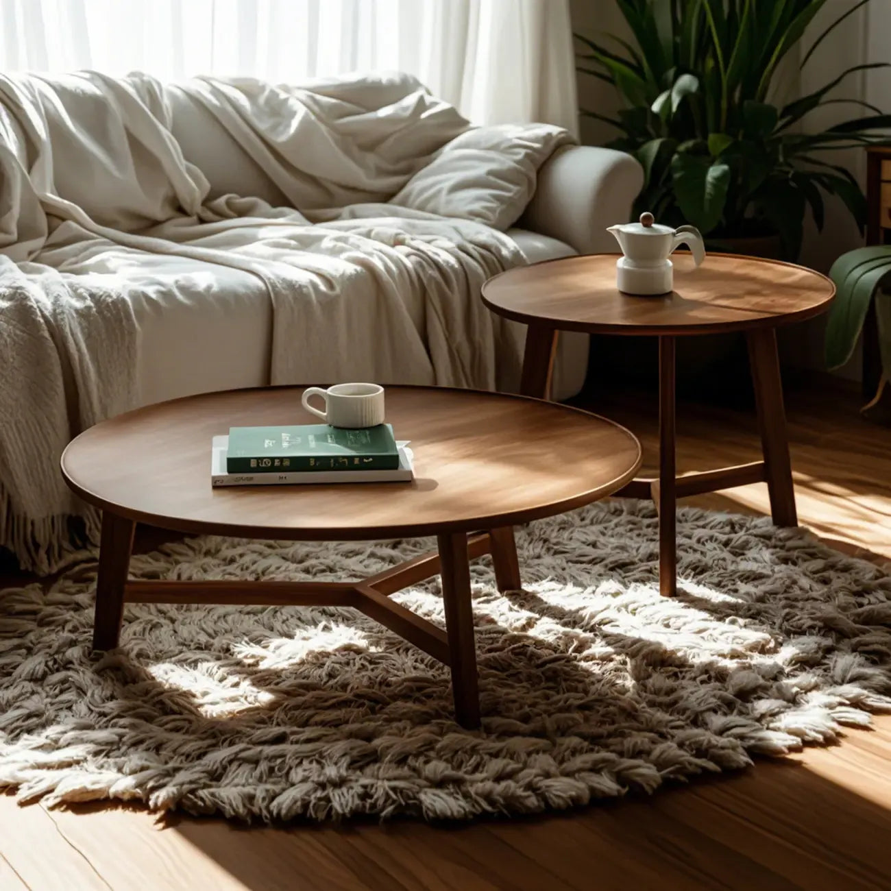 Ensemble table basse ronde en bois style milieu du siècle avec pieds croisés