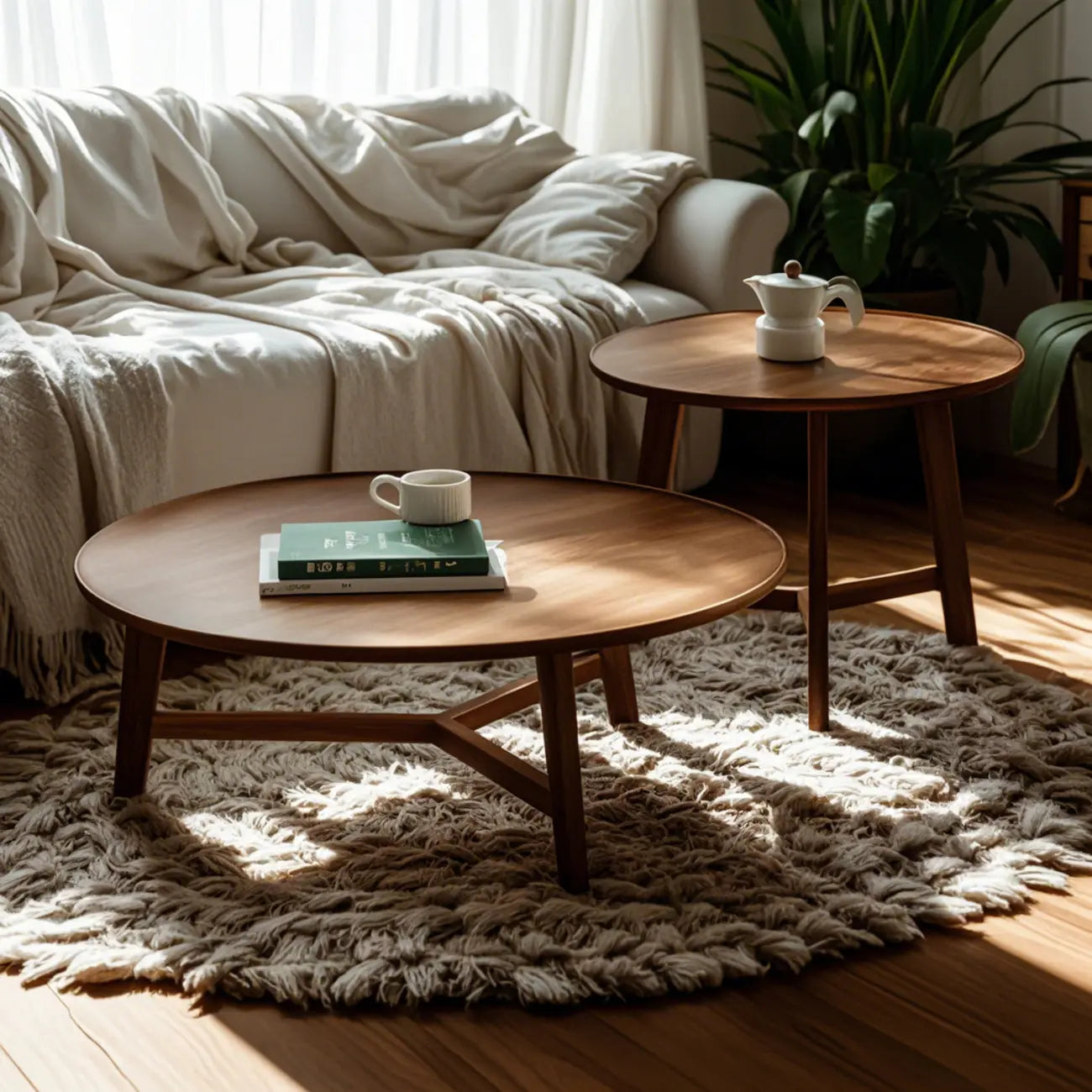 Ensemble table basse ronde en bois style milieu du siècle avec pieds croisés