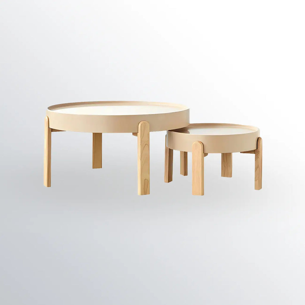 Table basse ronde minimaliste en bois beige avec plateau