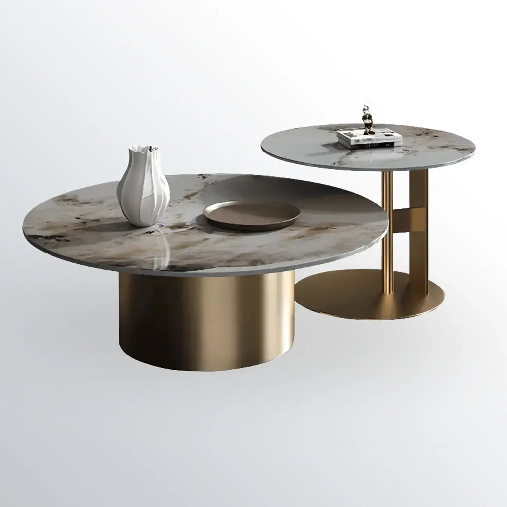 Ensemble de tables basses gigognes rondes grises modernes avec plateau en marbre