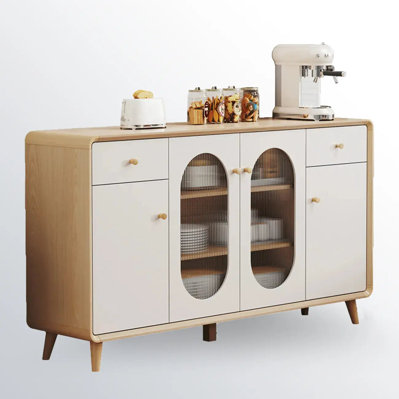 Meuble moderne à finition naturelle avec étagère extérieure et tiroirs
