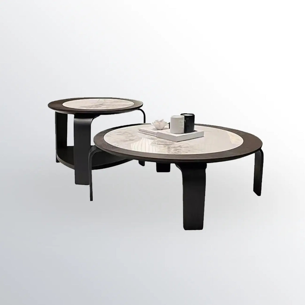 Ensemble de 2 tables basses gigognes rondes en marbre avec base en bois