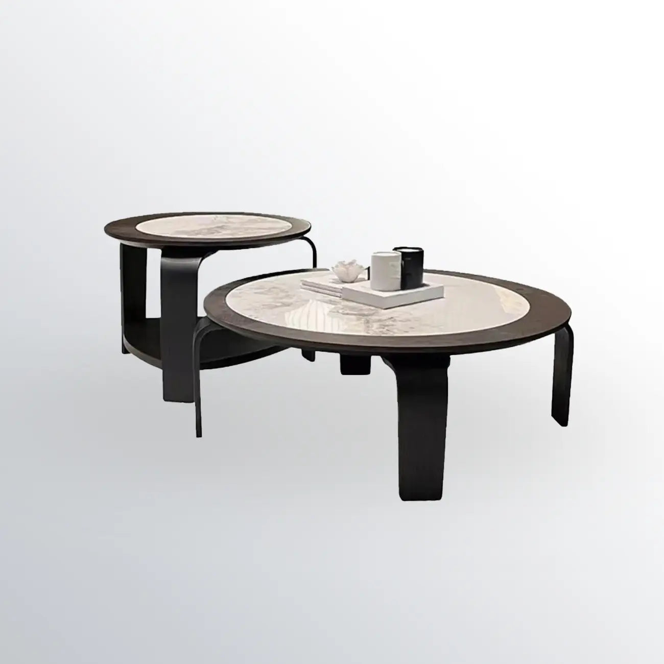 Ensemble de 2 tables basses gigognes rondes en marbre avec base en bois