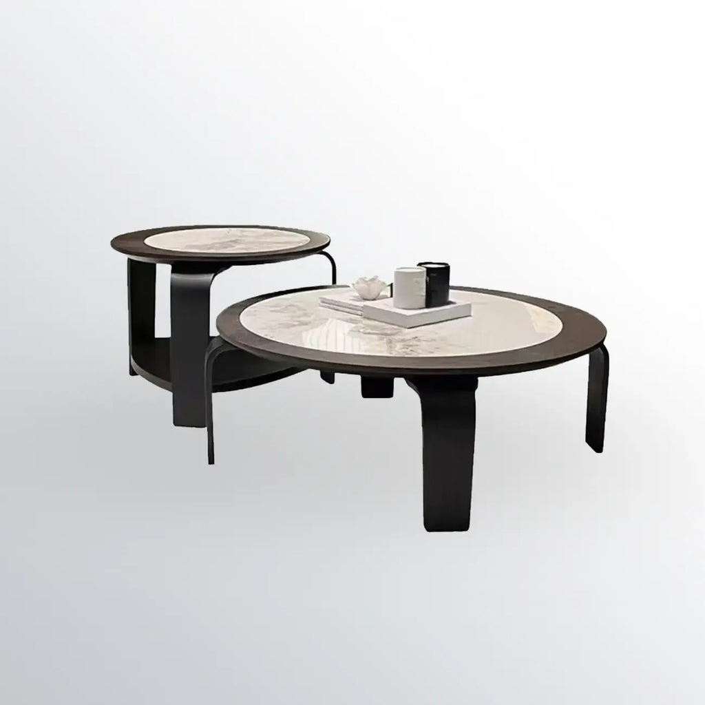 Ensemble de 2 tables basses gigognes rondes en marbre avec base en bois