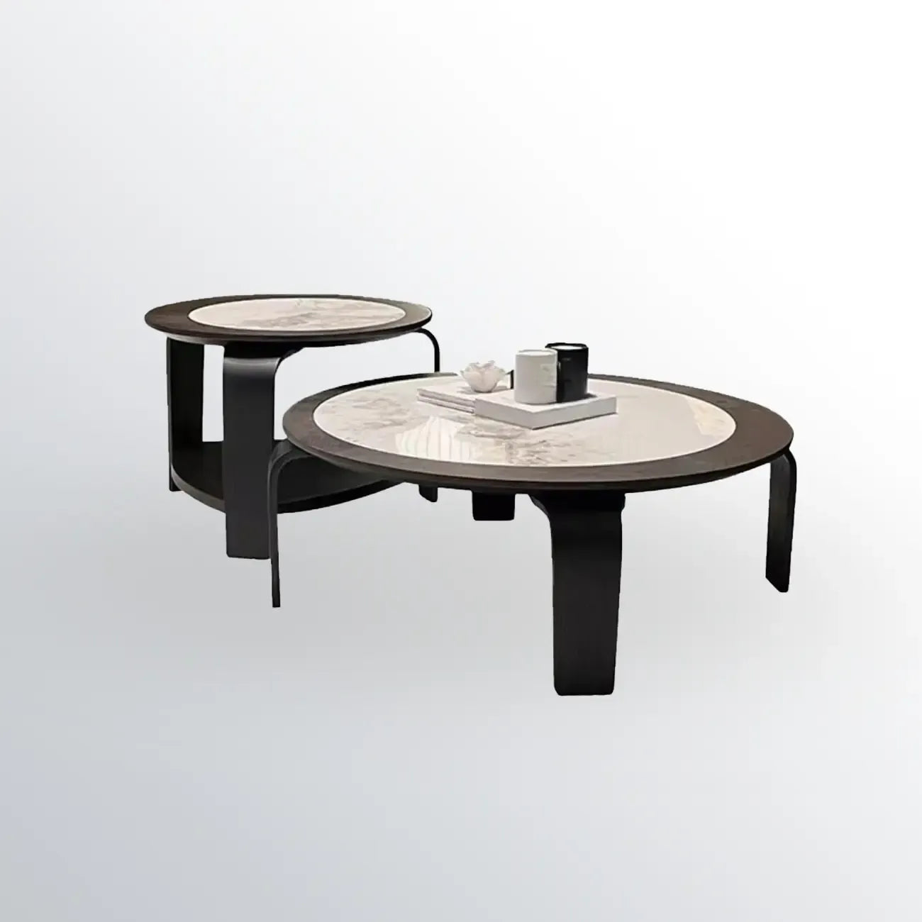 Ensemble de 2 tables basses gigognes rondes en marbre avec base en bois