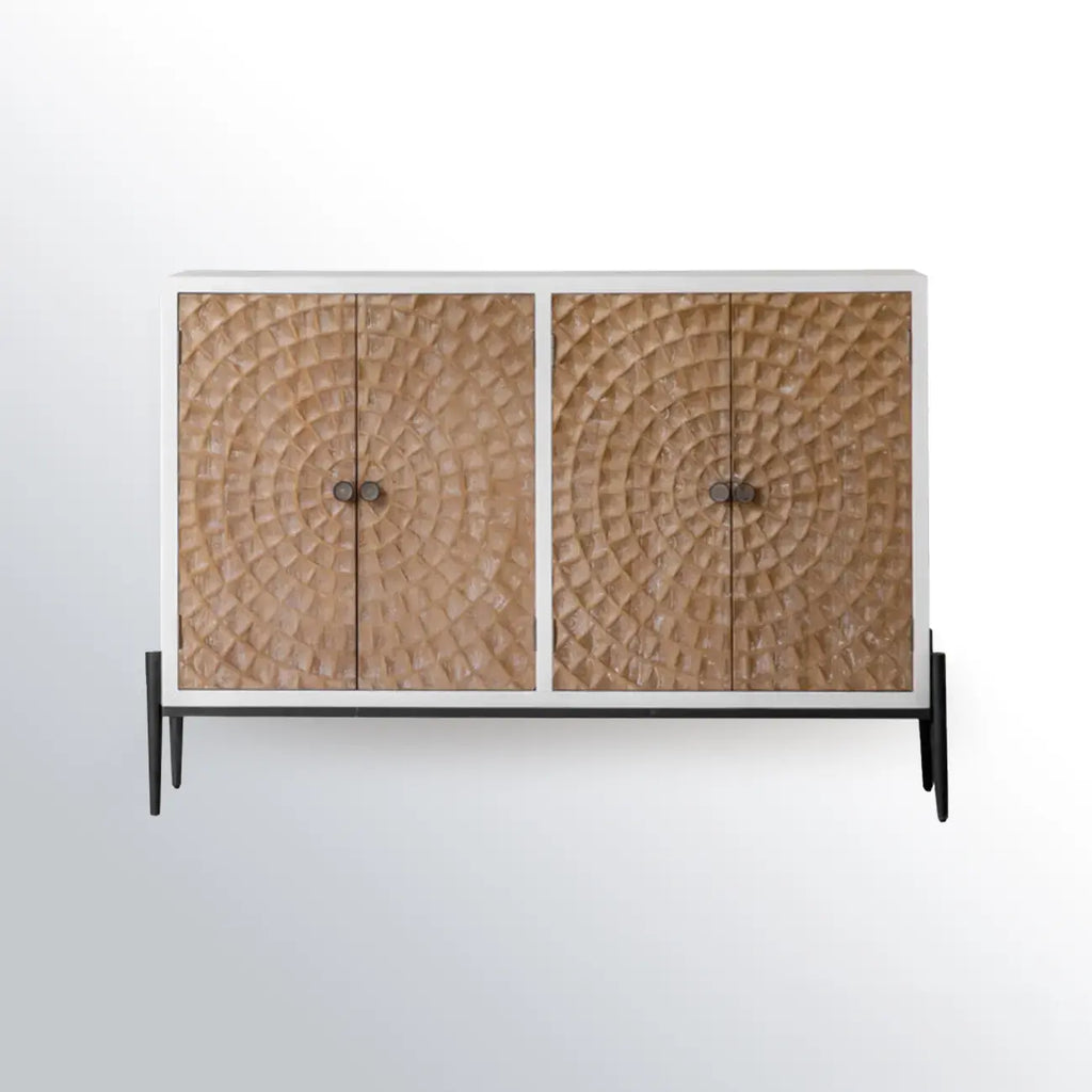 Meuble rectangulaire rustique autoportant en bois blanc et base en fer