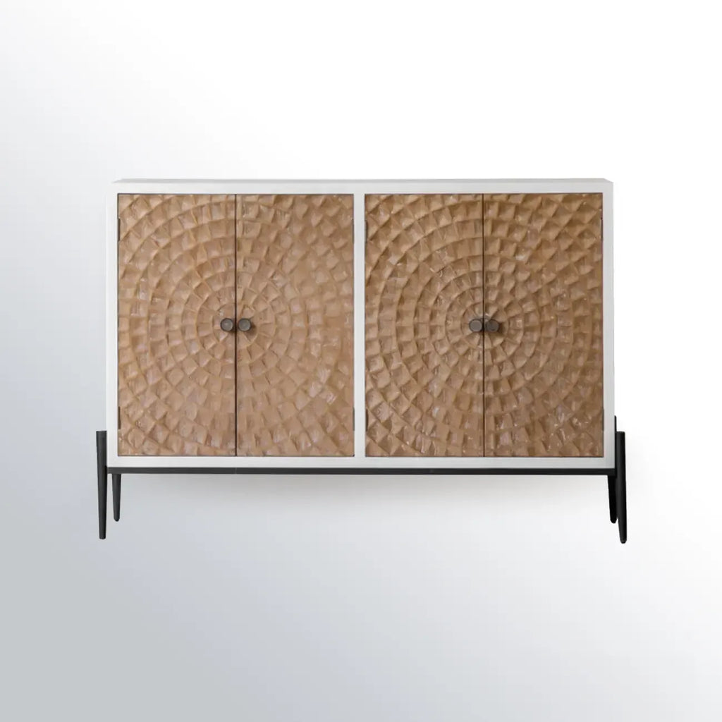 Meuble rectangulaire rustique autoportant en bois blanc et base en fer