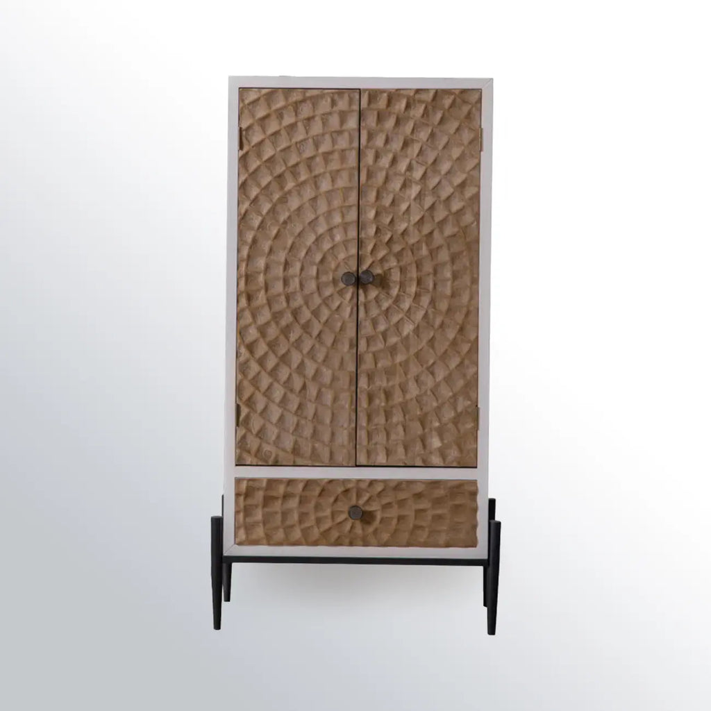 Meuble rectangulaire rustique autoportant en bois blanc et base en fer