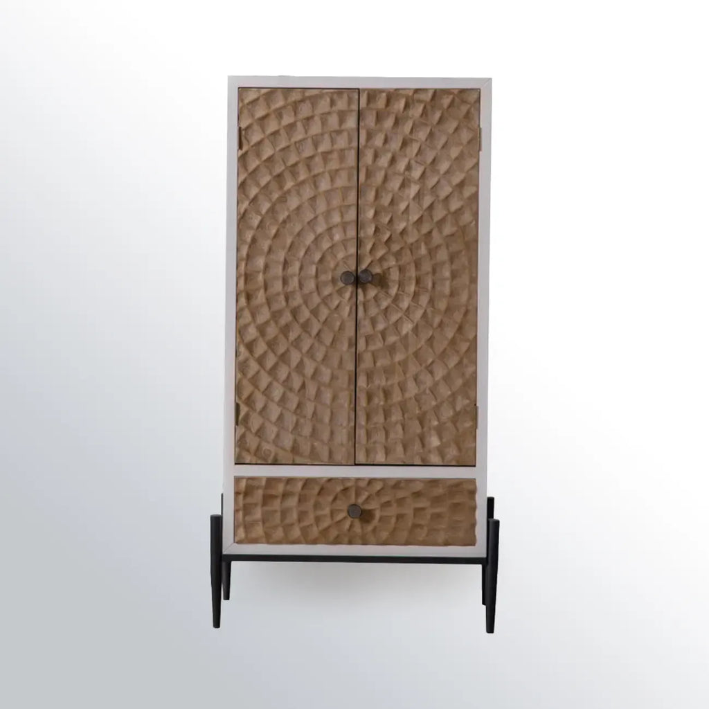 Meuble rectangulaire rustique autoportant en bois blanc et base en fer